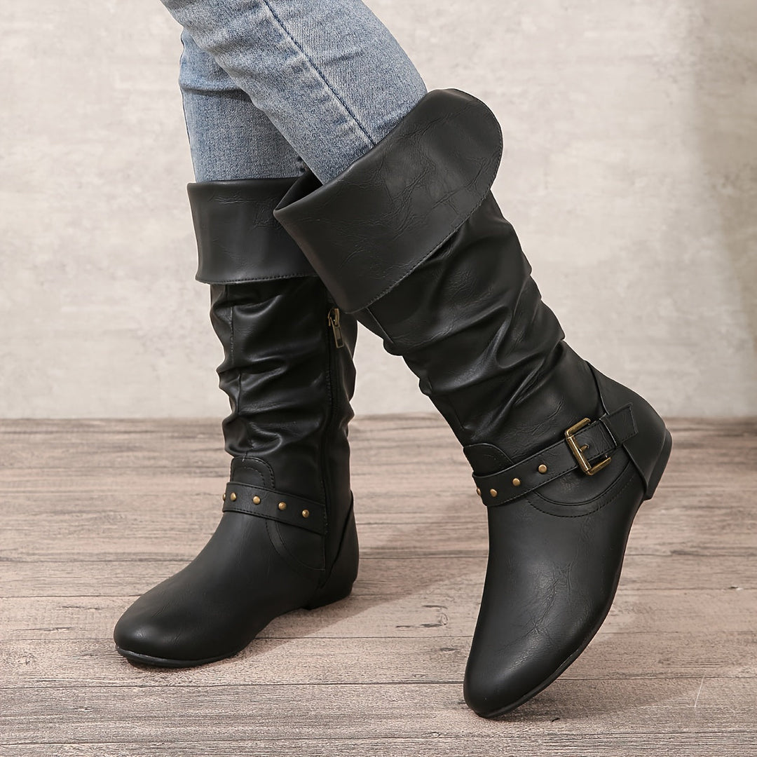 Boots For Women | Flat Heel Knee High With Buckle Detail