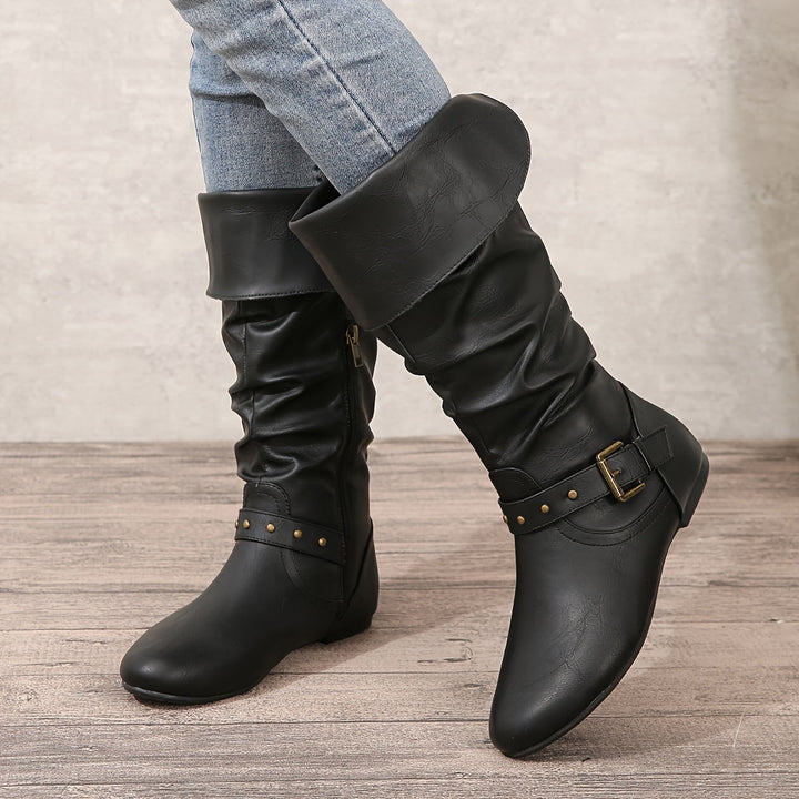 Boots For Women | Flat Heel Knee High With Buckle Detail