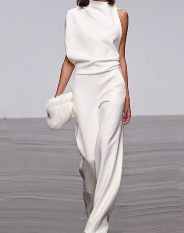 Abigail | Women's High Neck Asymmetric Shoulder Jumpsuit Wide-Leg Formal
