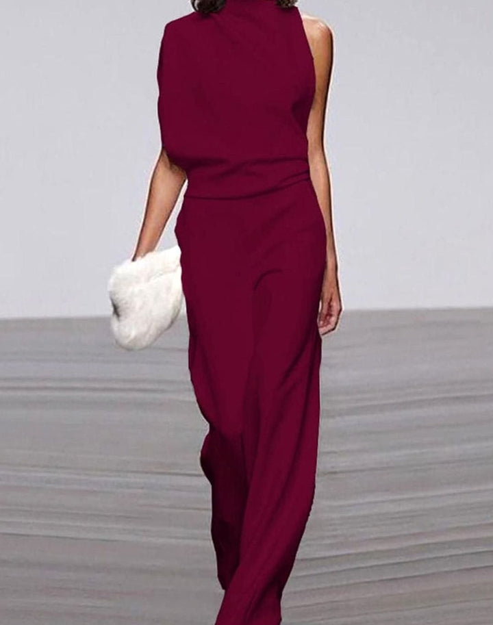 Abigail | Women's High Neck Asymmetric Shoulder Jumpsuit Wide-Leg Formal