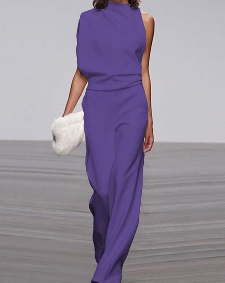 Abigail | Women's High Neck Asymmetric Shoulder Jumpsuit Wide-Leg Formal