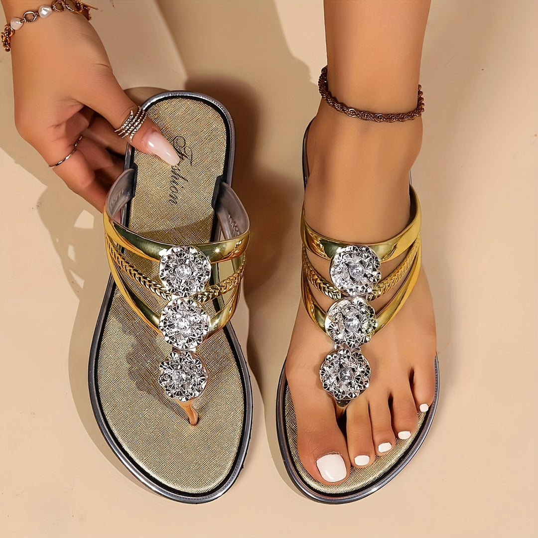 Sandals For Women | Rhinestone T-Strap Flat Sandals