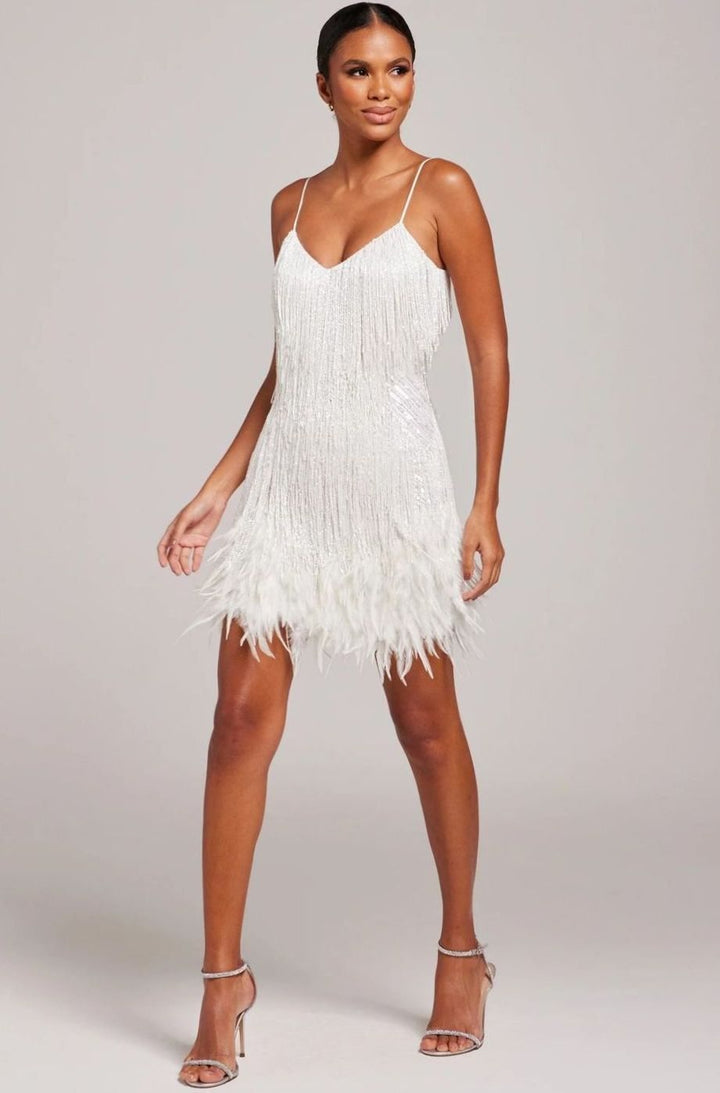 Beatrice | Women's Beaded Fringe Feather-Trim Mini Cocktail Dress