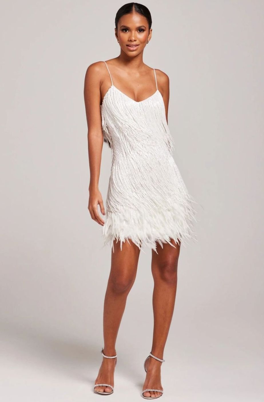 Beatrice | Women's Beaded Fringe Feather-Trim Mini Cocktail Dress