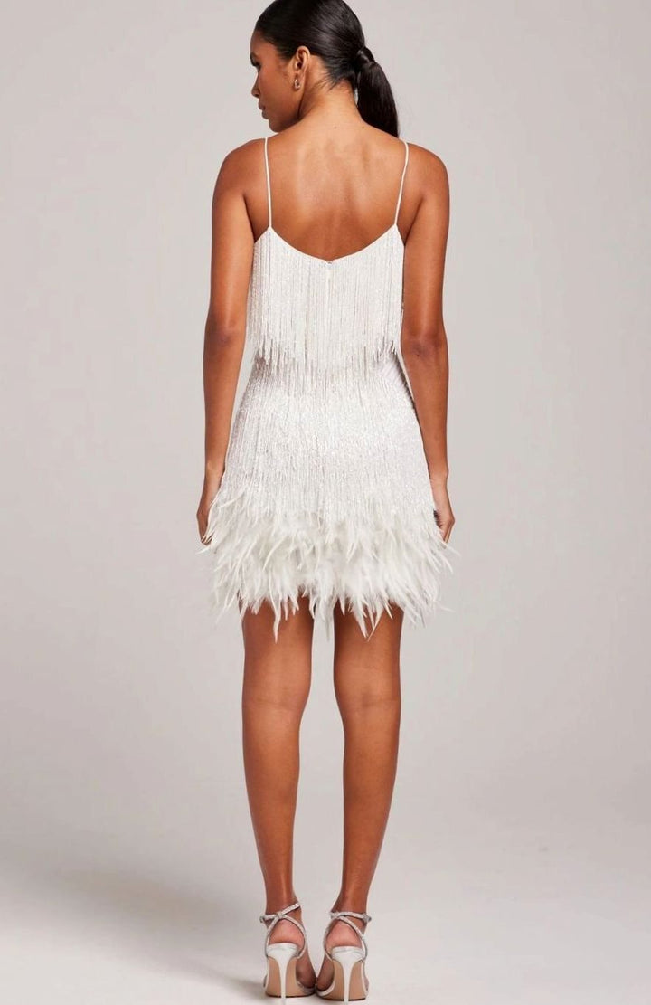 Beatrice | Women's Beaded Fringe Feather-Trim Mini Cocktail Dress