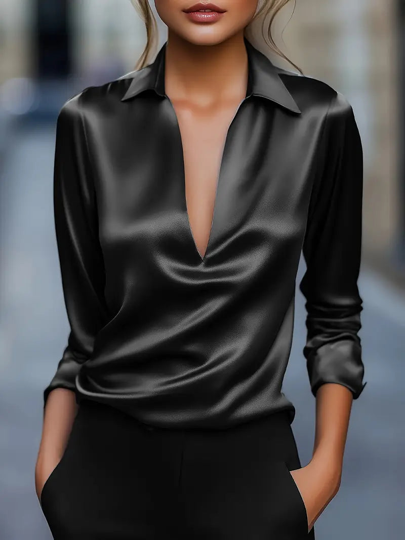 Women’s Blouse | Long Sleeve Collared V-Neck