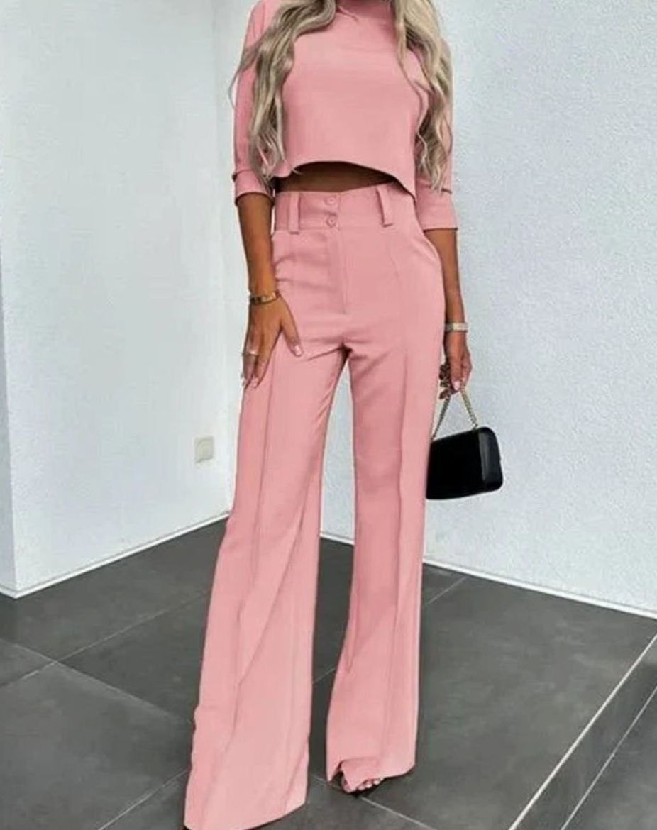 Camille | Women's Cropped Matching Top High-Waist Wide-Leg Pants Two-Piece Set