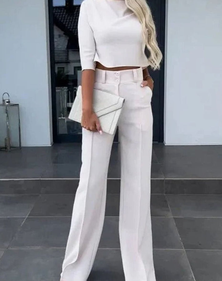 Camille | Women's Cropped Matching Top High-Waist Wide-Leg Pants Two-Piece Set