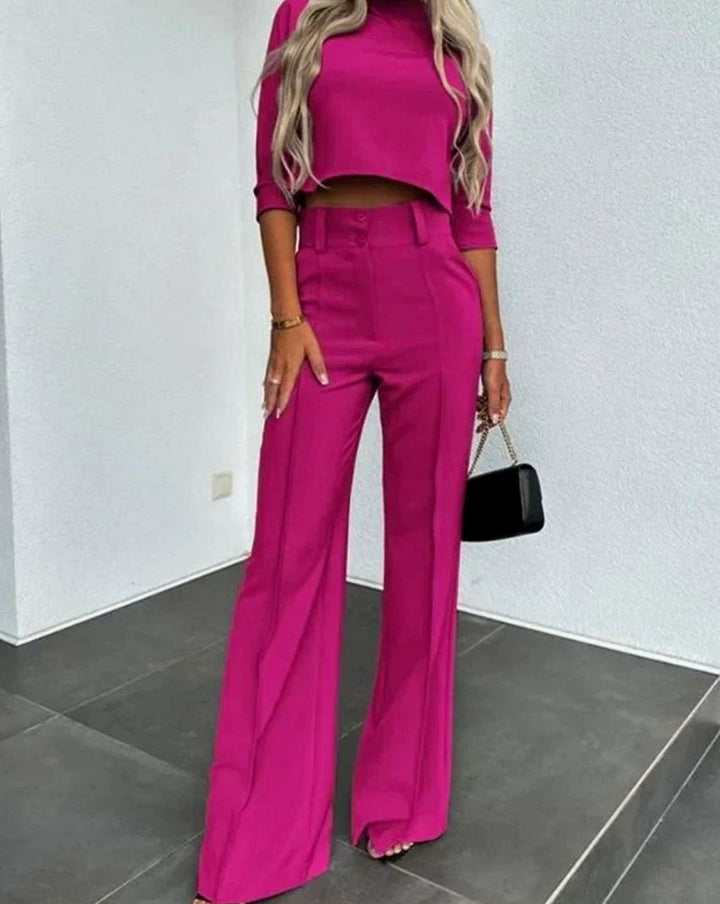 Camille | Women's Cropped Matching Top High-Waist Wide-Leg Pants Two-Piece Set