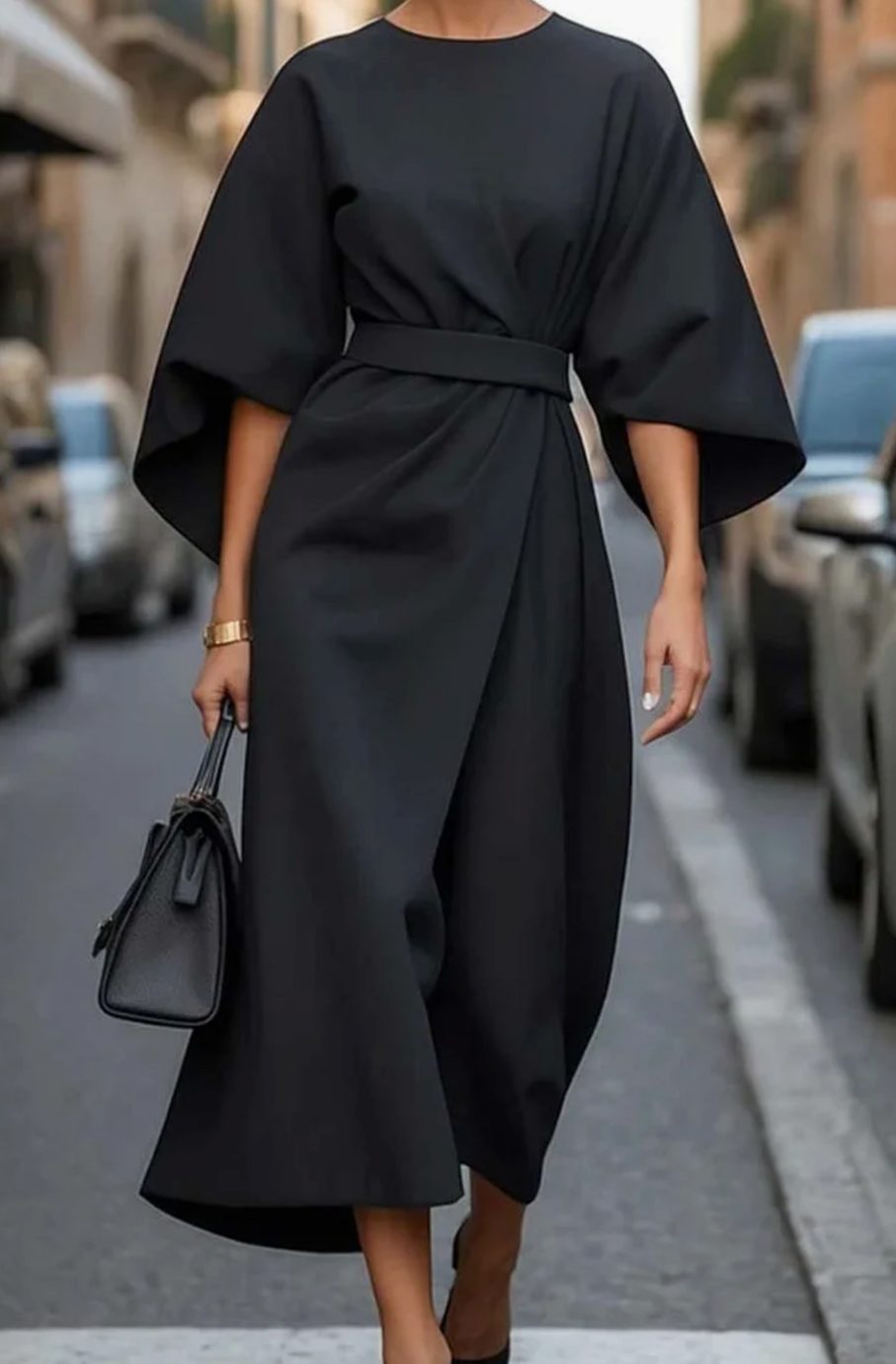 Carla | Women's Belted Lantern-Sleeve Midi Elegant Dress