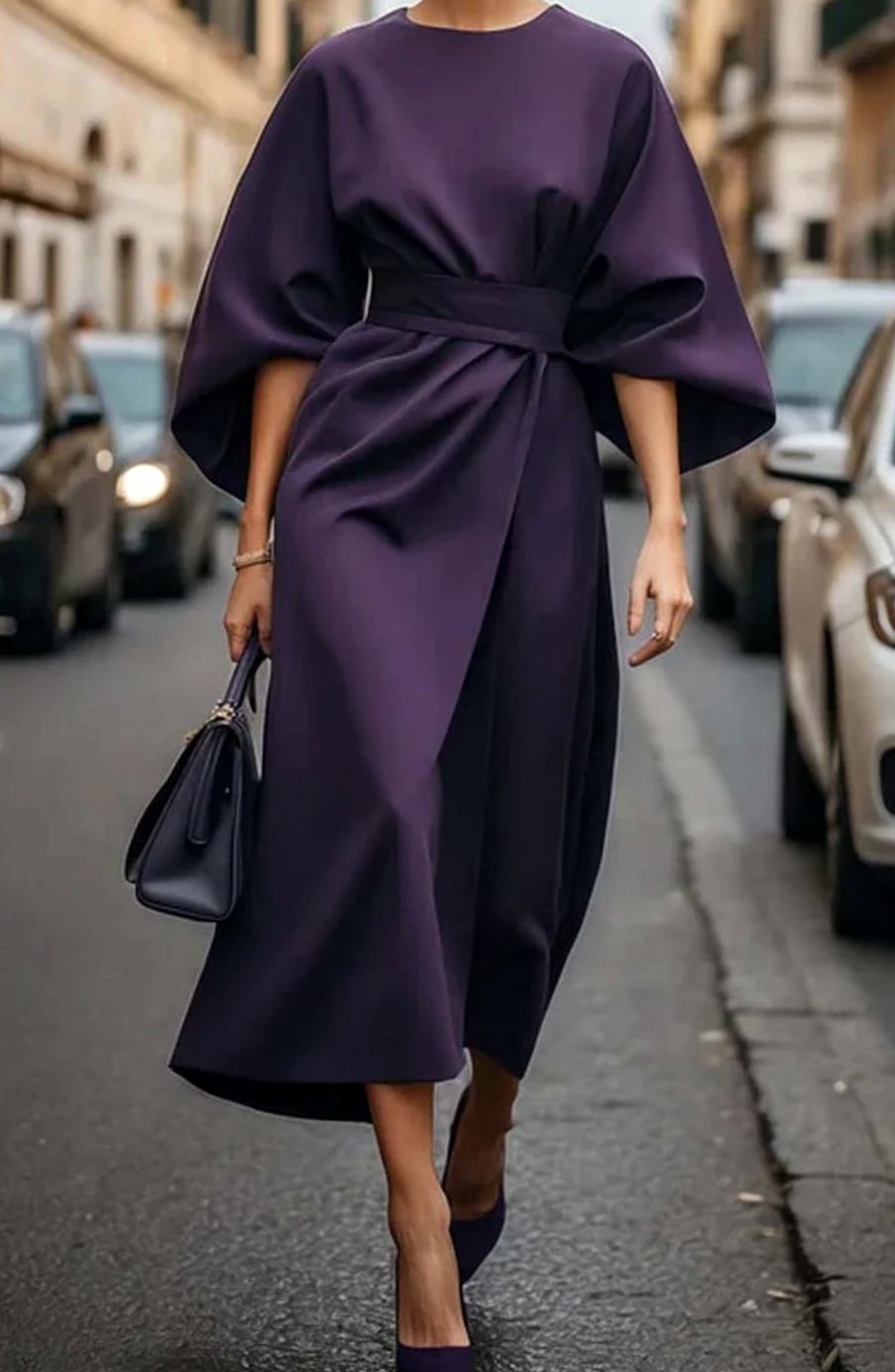 Carla | Women's Belted Lantern-Sleeve Midi Elegant Dress