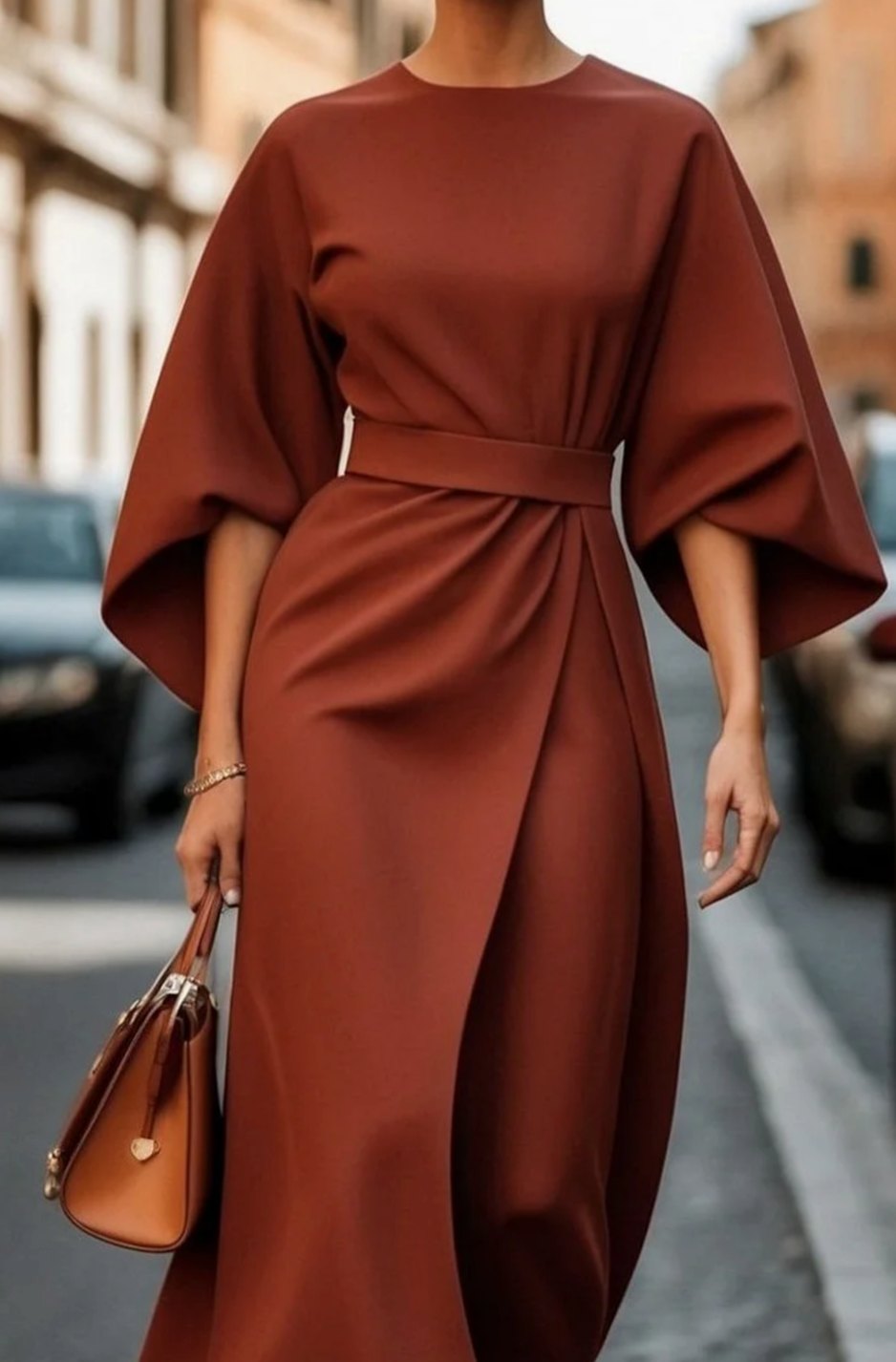 Carla | Women's Belted Lantern-Sleeve Midi Elegant Dress