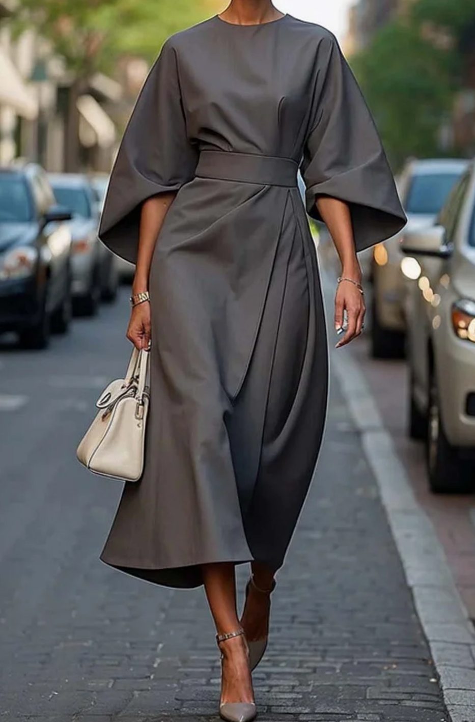 Carla | Women's Belted Lantern-Sleeve Midi Elegant Dress