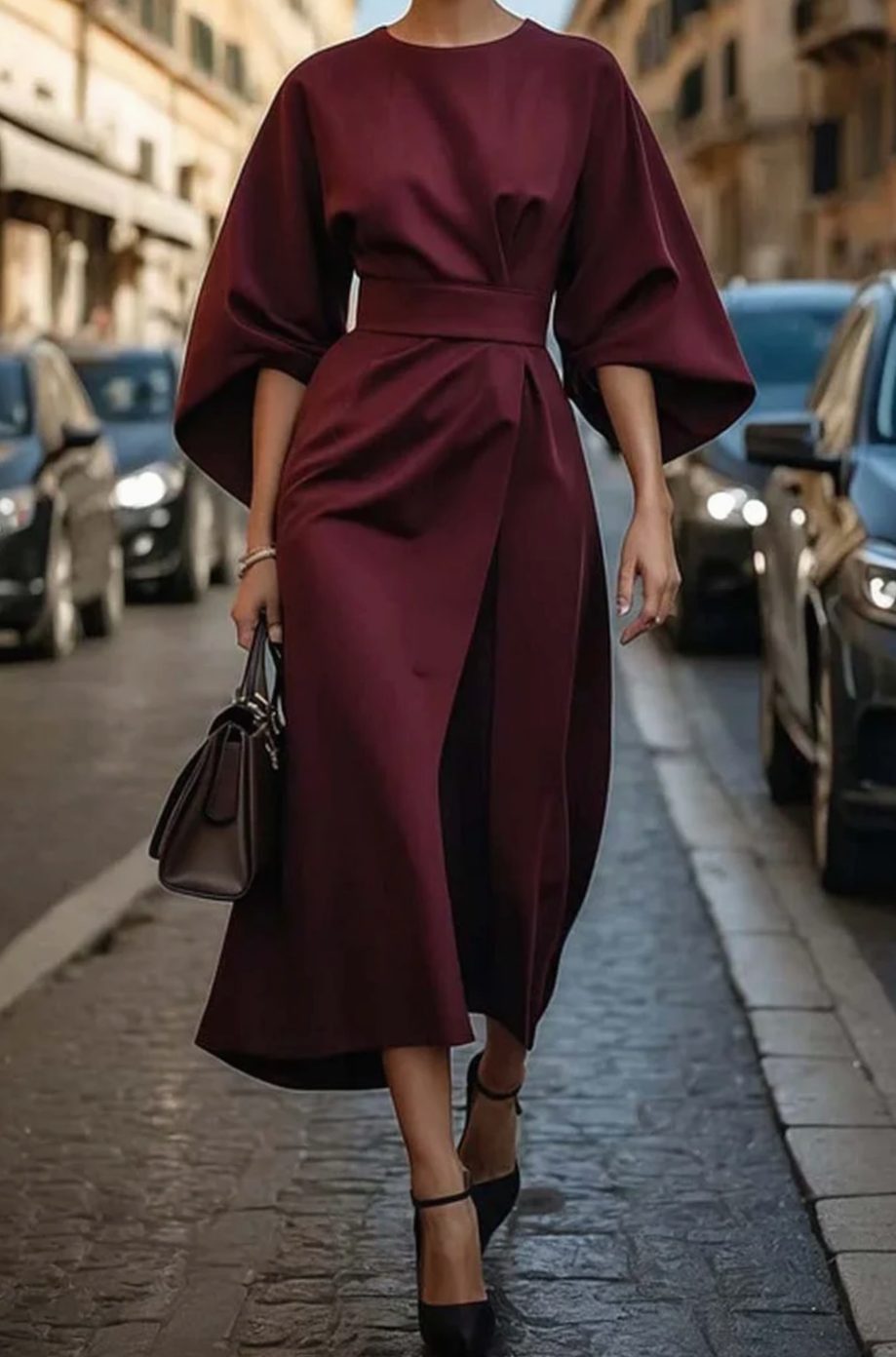 Carla | Women's Belted Lantern-Sleeve Midi Elegant Dress