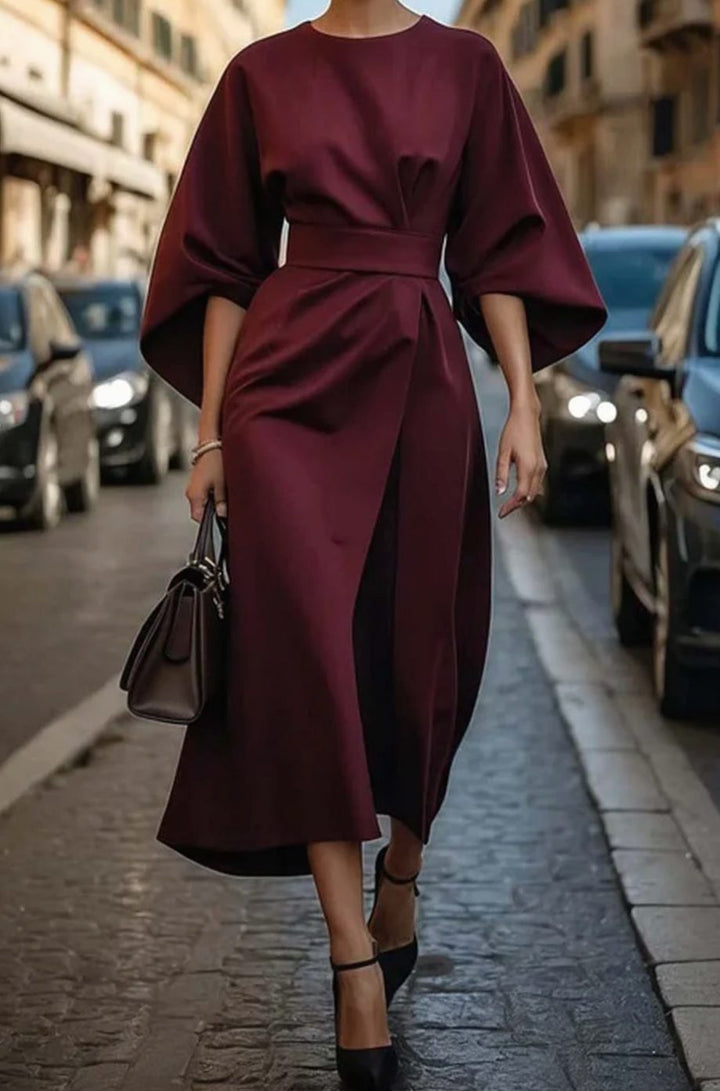 Carla | Women's Belted Lantern-Sleeve Midi Elegant Dress