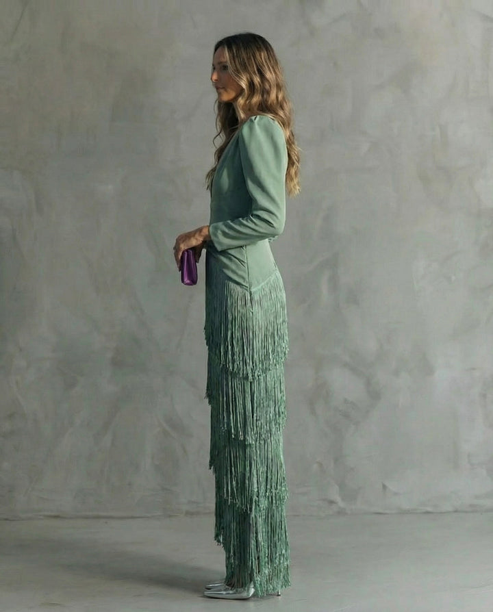 Women's Cocktail Maxi Dress | V-Neck Fringe