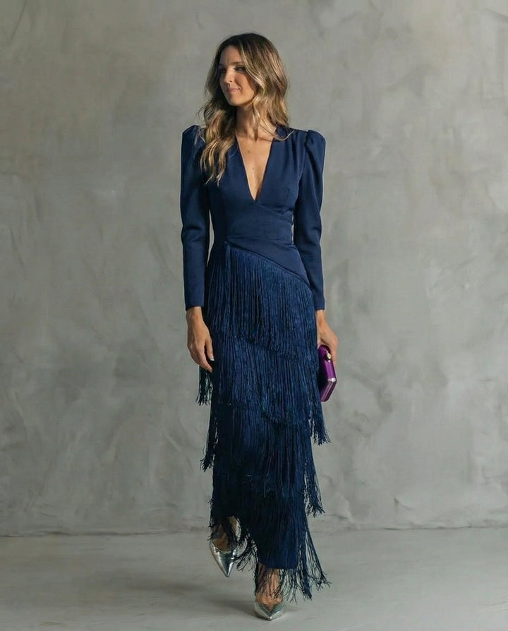 Women's Cocktail Maxi Dress | V-Neck Fringe
