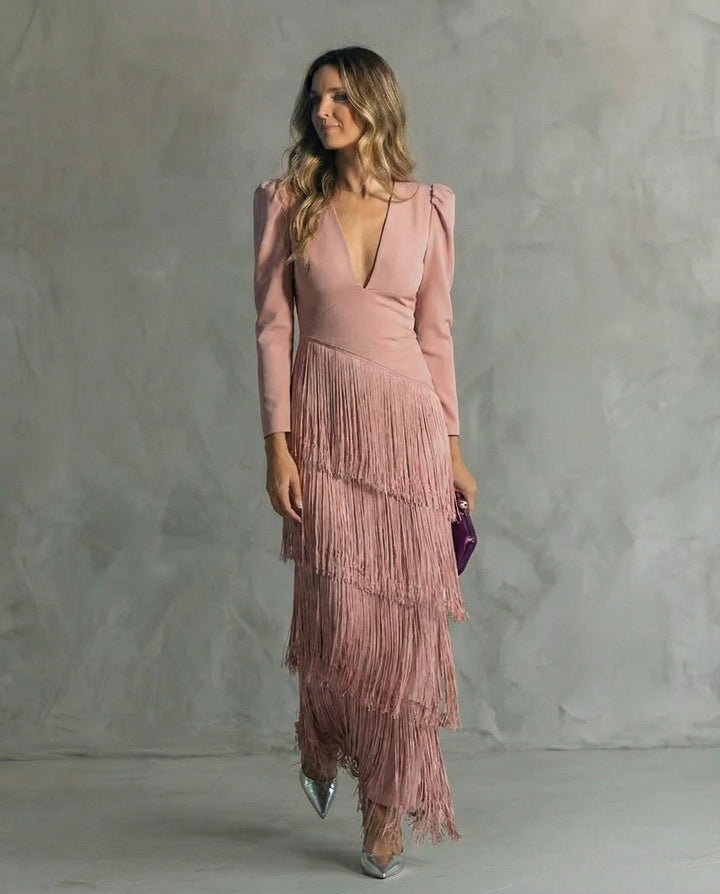 Women's Cocktail Maxi Dress | V-Neck Fringe