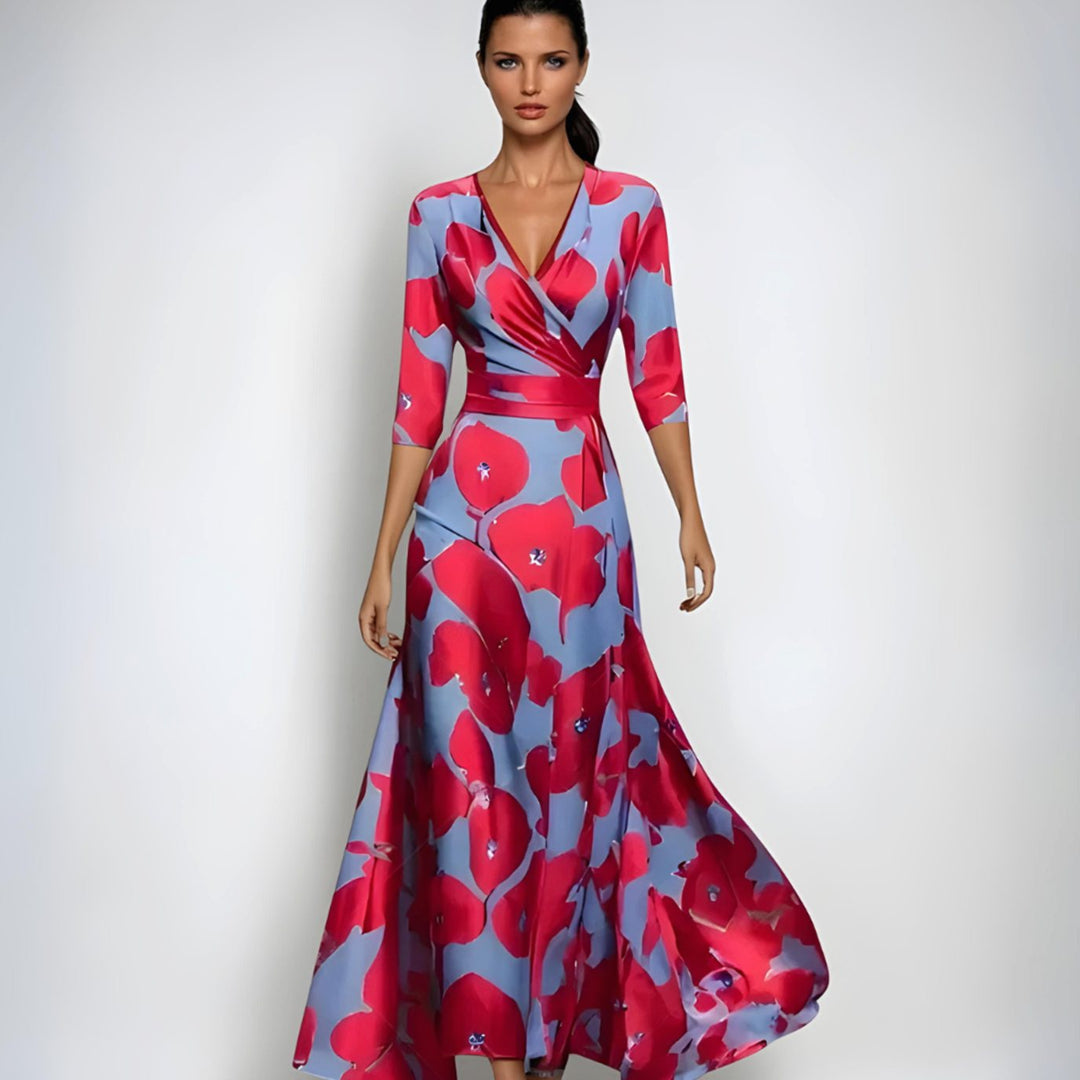 Catherine | Women's Elegant V-Neck Wrap Floral Dress Maxi Length