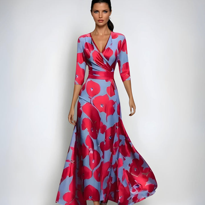 Catherine | Women's Elegant V-Neck Wrap Floral Dress Maxi Length