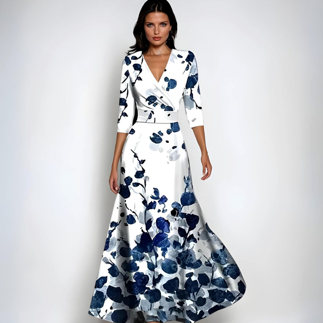 Catherine | Women's Elegant V-Neck Wrap Floral Dress Maxi Length