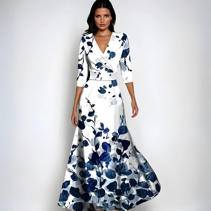 Catherine | Women's Elegant V-Neck Wrap Floral Dress Maxi Length