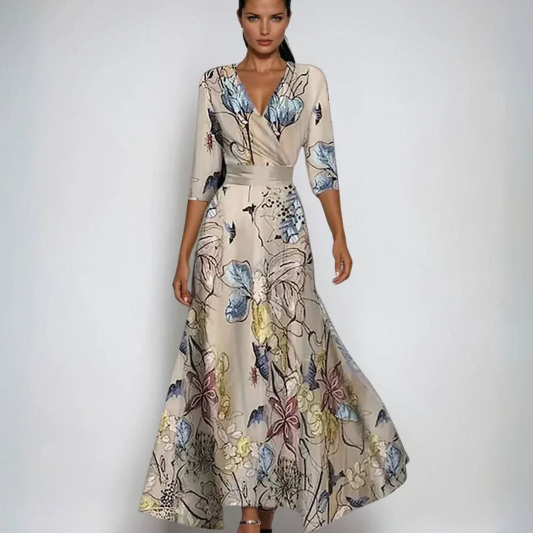 Catherine | Women's Elegant V-Neck Wrap Floral Dress Maxi Length