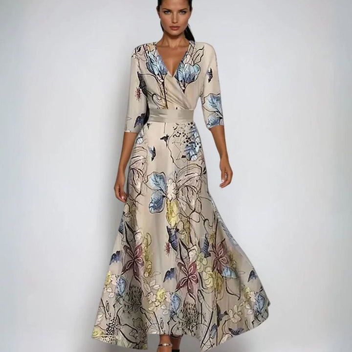 Catherine | Women's Elegant V-Neck Wrap Floral Dress Maxi Length