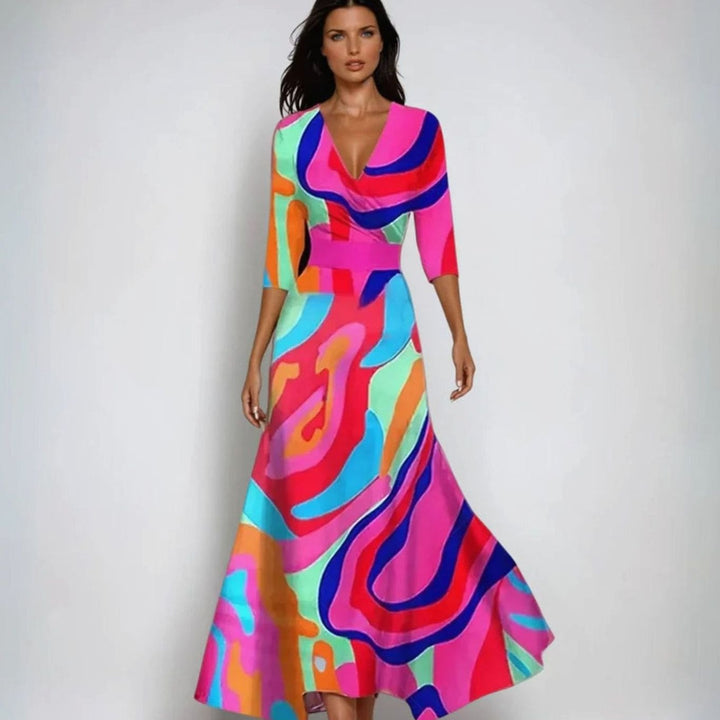 Catherine | Women's Elegant V-Neck Wrap Floral Dress Maxi Length