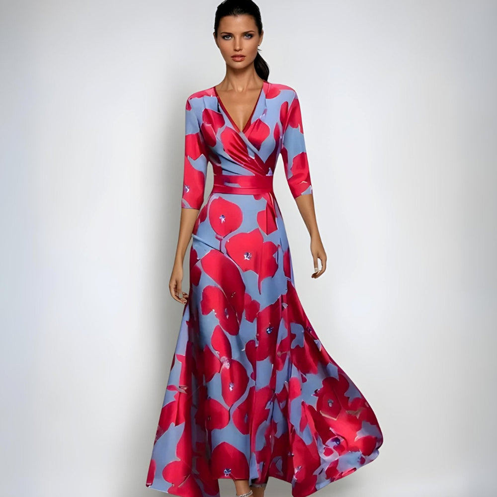 Catherine | Women's Elegant V-Neck Wrap Floral Dress Maxi Length