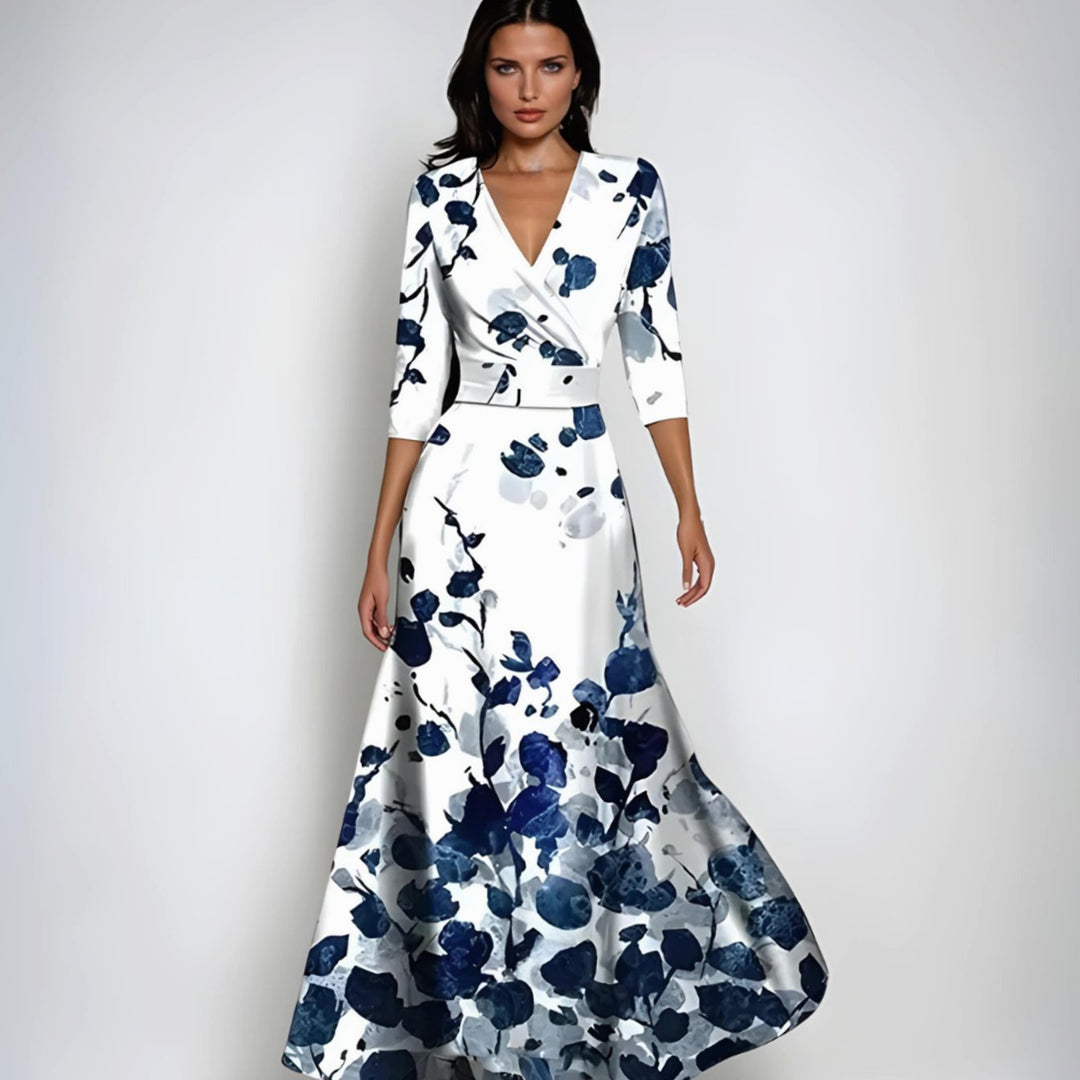 Catherine | Women's Elegant V-Neck Wrap Floral Dress Maxi Length