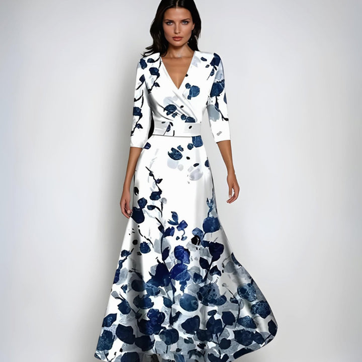 Catherine | Women's Elegant V-Neck Wrap Floral Dress Maxi Length