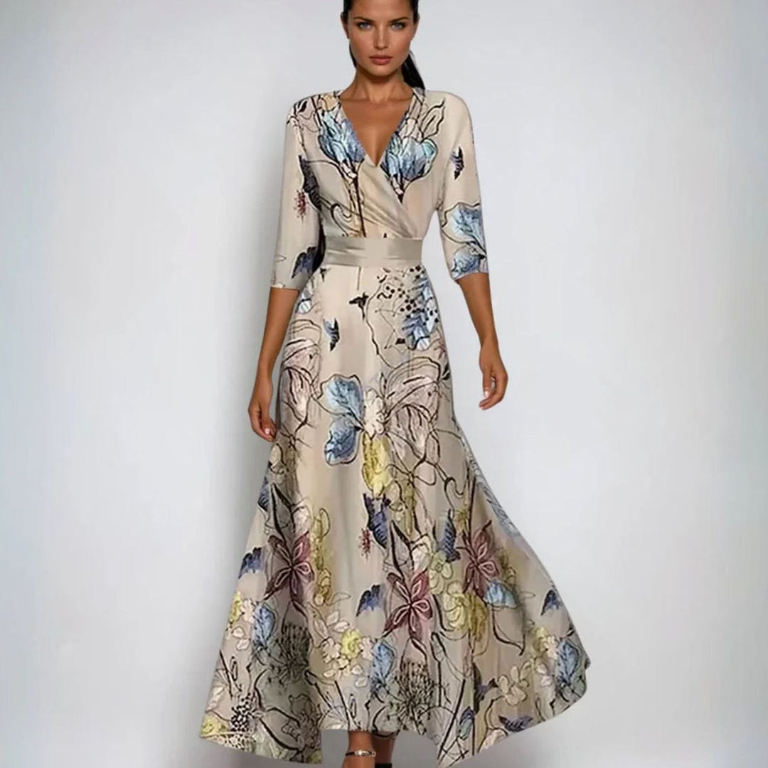 Catherine | Women's Elegant V-Neck Wrap Floral Dress Maxi Length