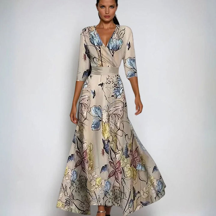 Catherine | Women's Elegant V-Neck Wrap Floral Dress Maxi Length