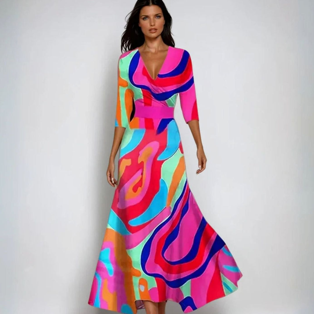Catherine | Women's Elegant V-Neck Wrap Floral Dress Maxi Length