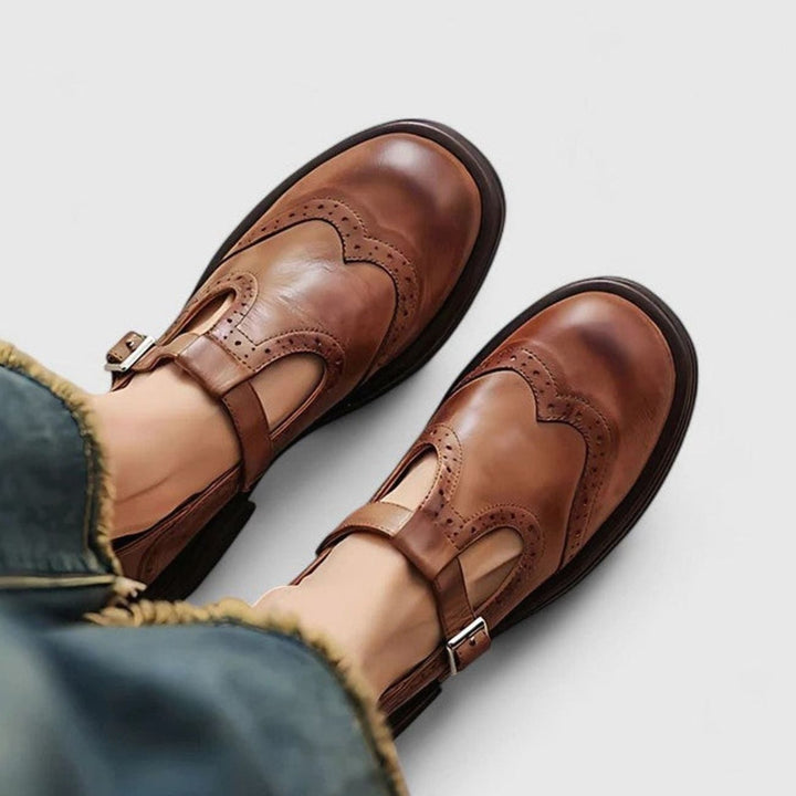 Cecilia | Women's Vintage Brogue Leather T-Strap Shoes Buckle Flats