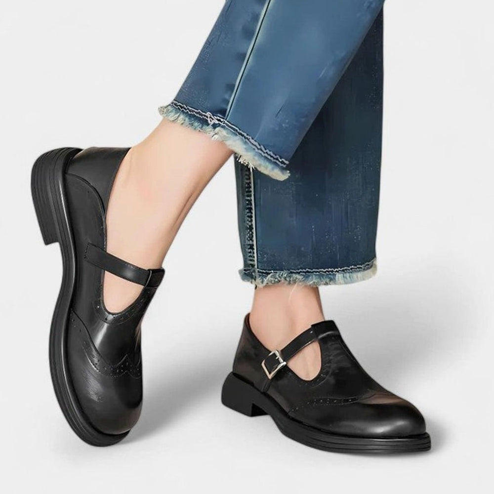 Cecilia | Women's Vintage Brogue Leather T-Strap Shoes Buckle Flats