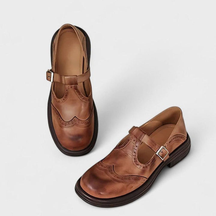 Cecilia | Women's Vintage Brogue Leather T-Strap Shoes Buckle Flats