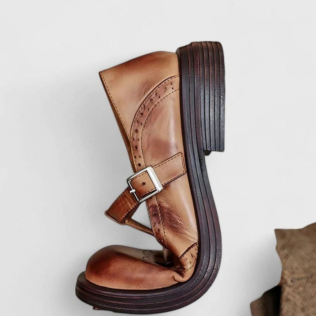 Cecilia | Women's Vintage Brogue Leather T-Strap Shoes Buckle Flats