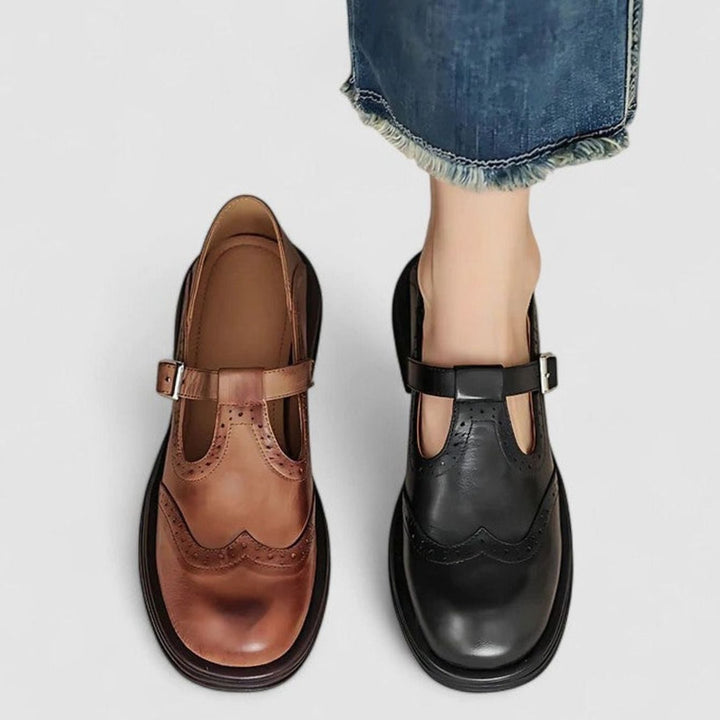 Cecilia | Women's Vintage Brogue Leather T-Strap Shoes Buckle Flats