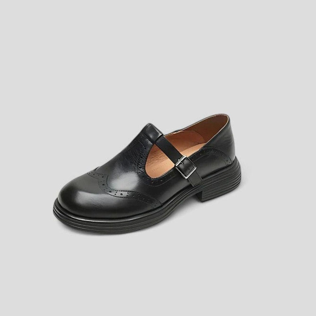 Cecilia | Women's Vintage Brogue Leather T-Strap Shoes Buckle Flats