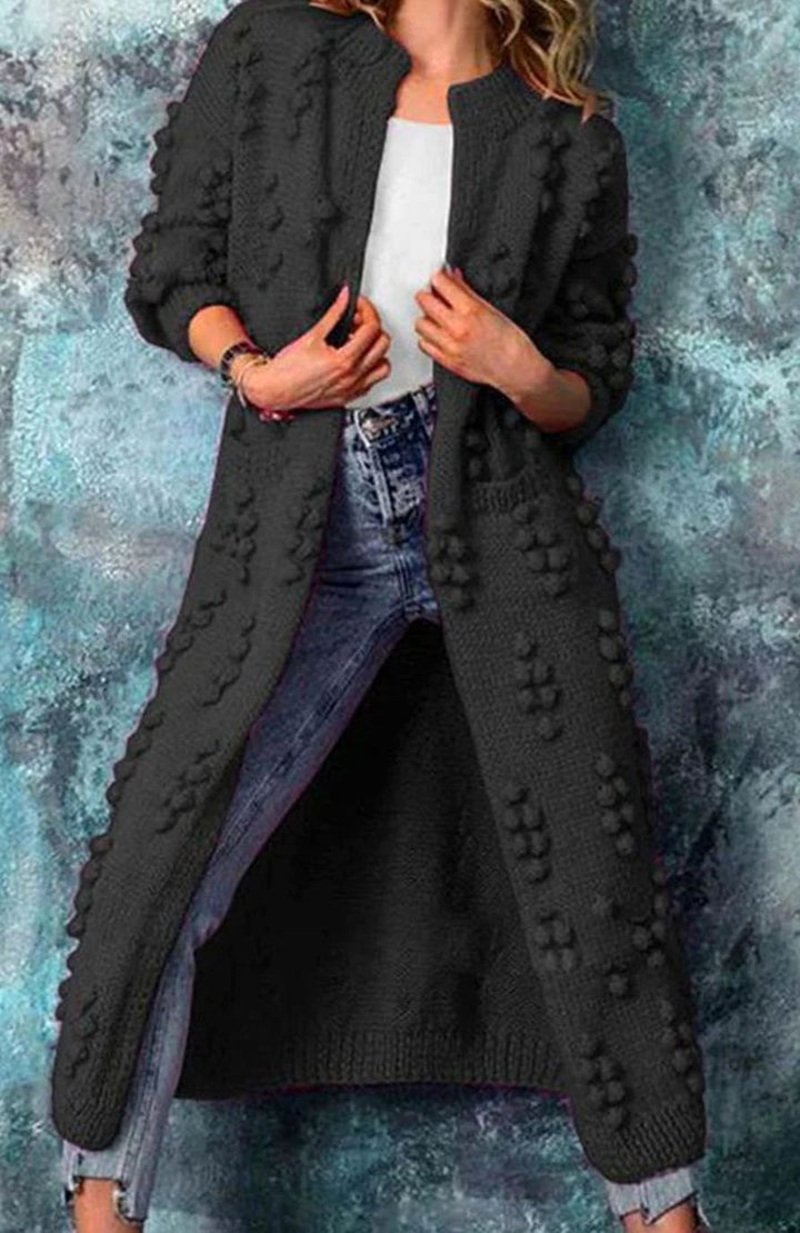 Cheryl | Women's Long Open-Front Pom-Pom Knitted Cardigan Sweater