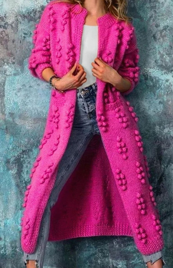 Cheryl | Women's Long Open-Front Pom-Pom Knitted Cardigan Sweater