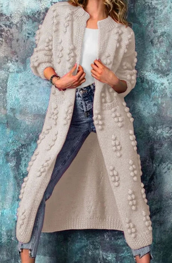 Cheryl | Women's Long Open-Front Pom-Pom Knitted Cardigan Sweater