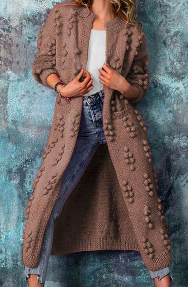 Cheryl | Women's Long Open-Front Pom-Pom Knitted Cardigan Sweater