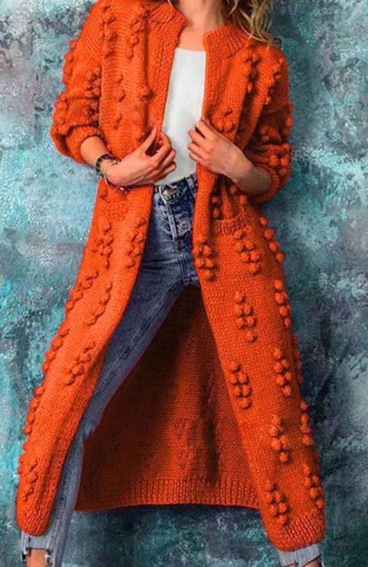 Cheryl | Women's Long Open-Front Pom-Pom Knitted Cardigan Sweater