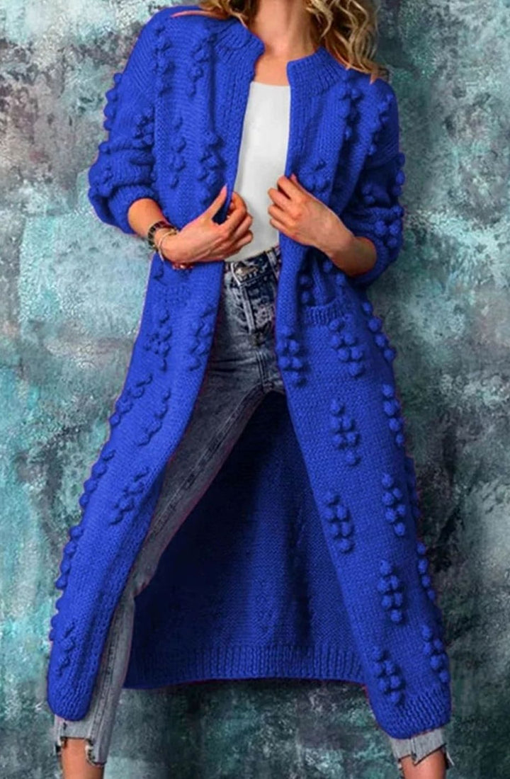Cheryl | Women's Long Open-Front Pom-Pom Knitted Cardigan Sweater