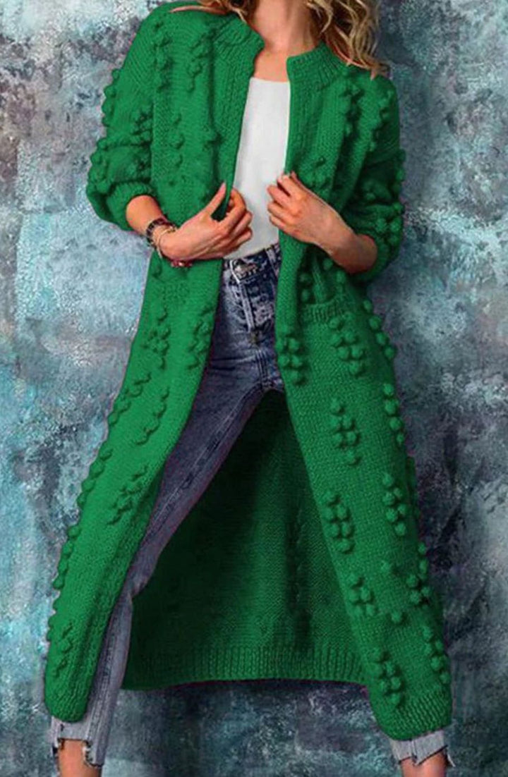 Cheryl | Women's Long Open-Front Pom-Pom Knitted Cardigan Sweater