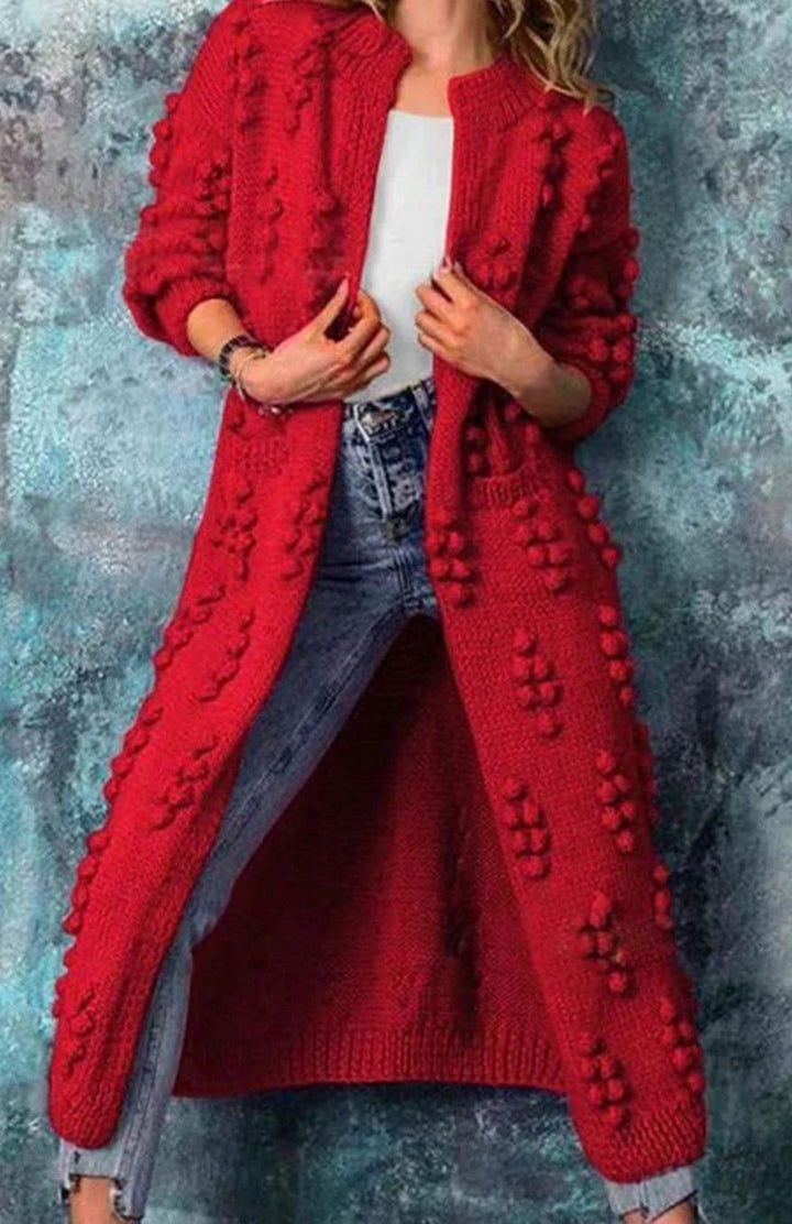 Cheryl | Women's Long Open-Front Pom-Pom Knitted Cardigan Sweater