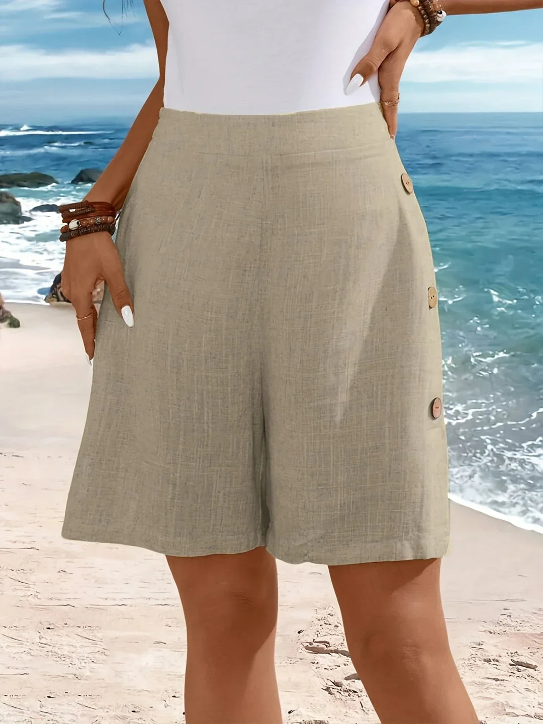 Women's Shorts  | High Waist Button Accent